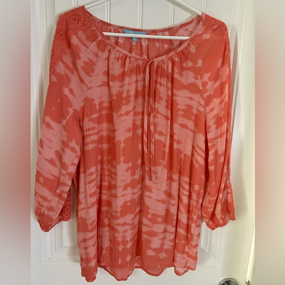 Penmans Women's Coral Tie-Dye Top lace accent down sleeves